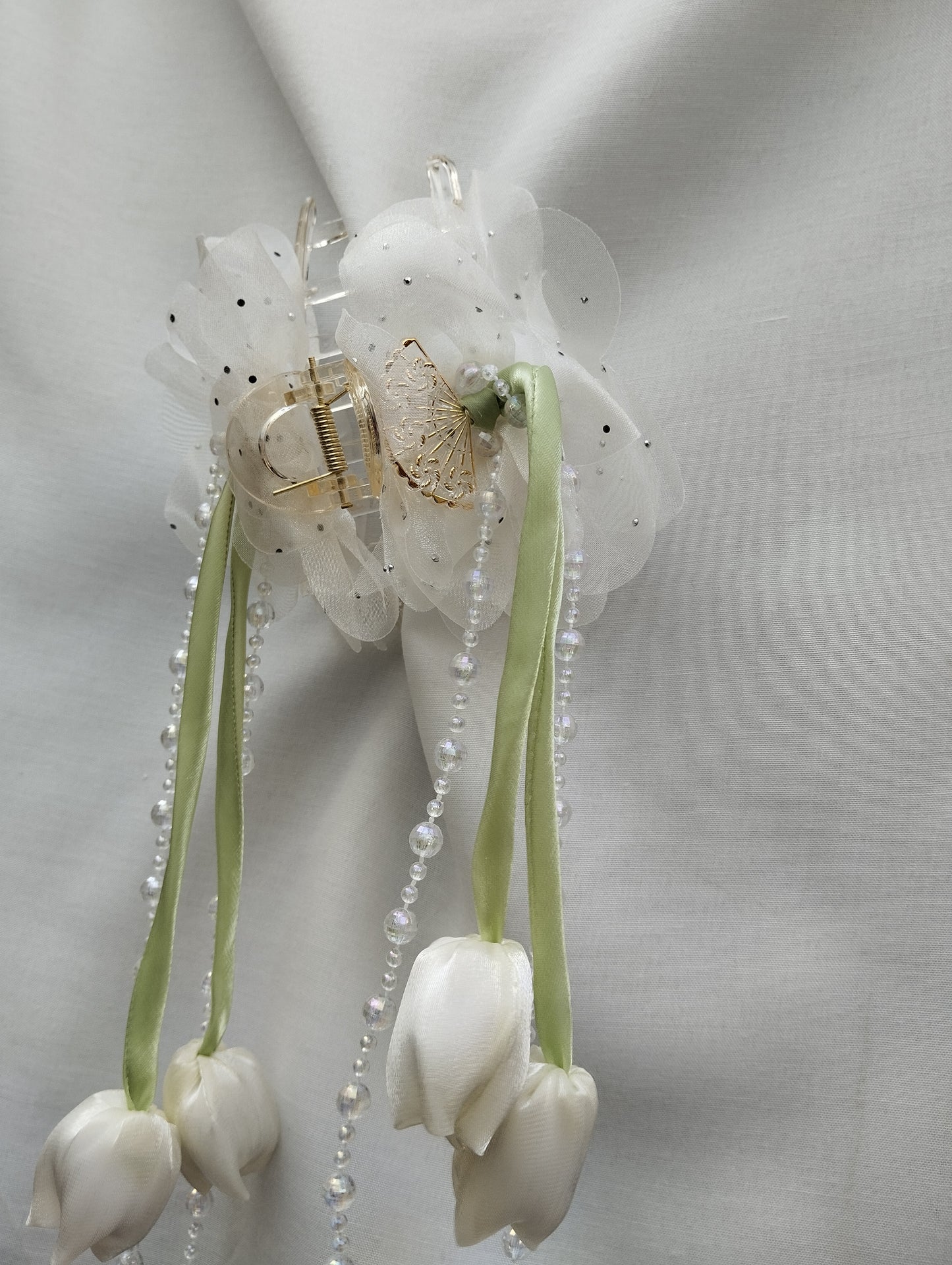 Hair Claw Clip with White Organza Flowers & Crystal Tassels