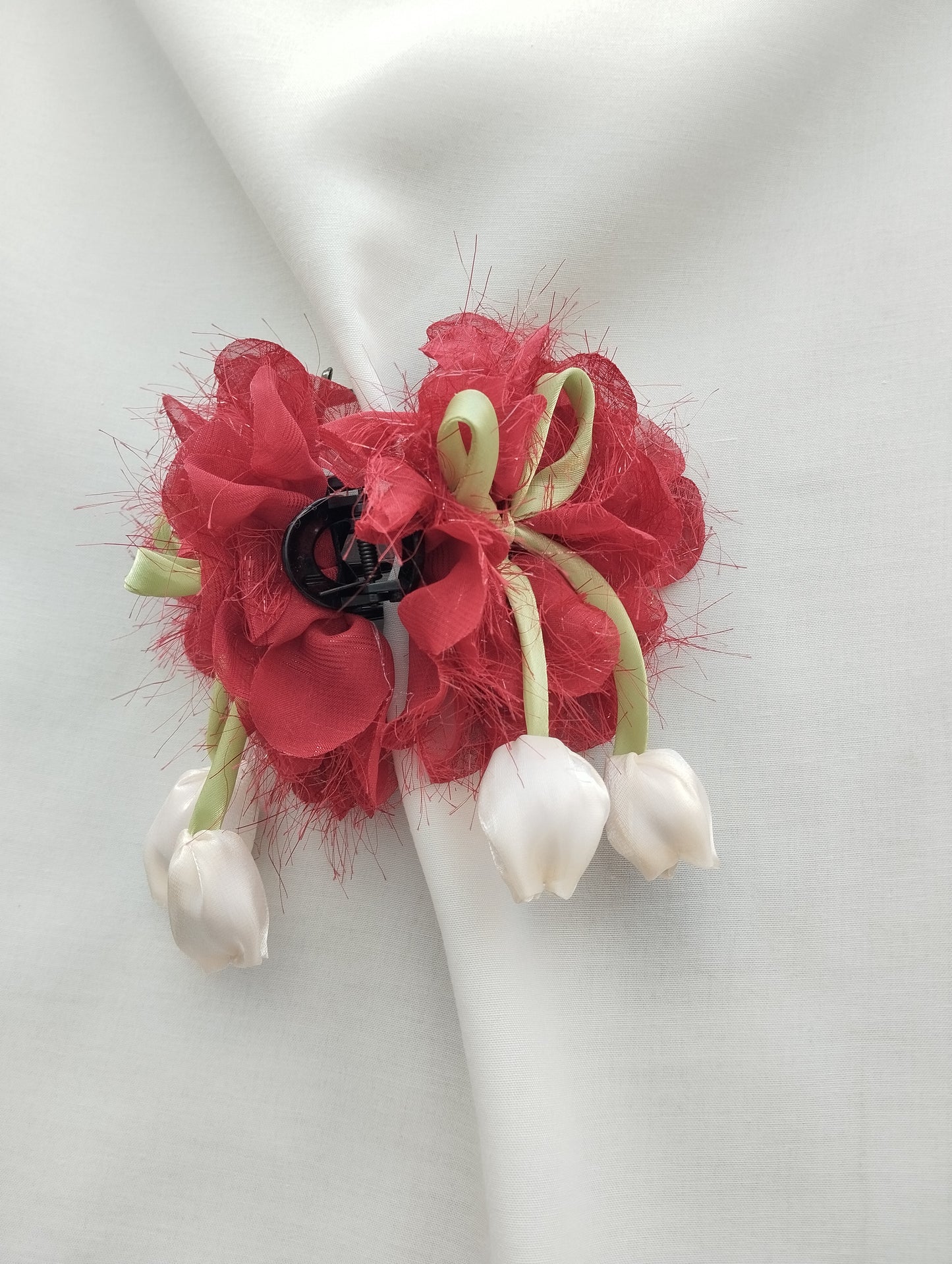 Large Red Organza Flower Hair Claw Clip for Women with White Satin Tulips
