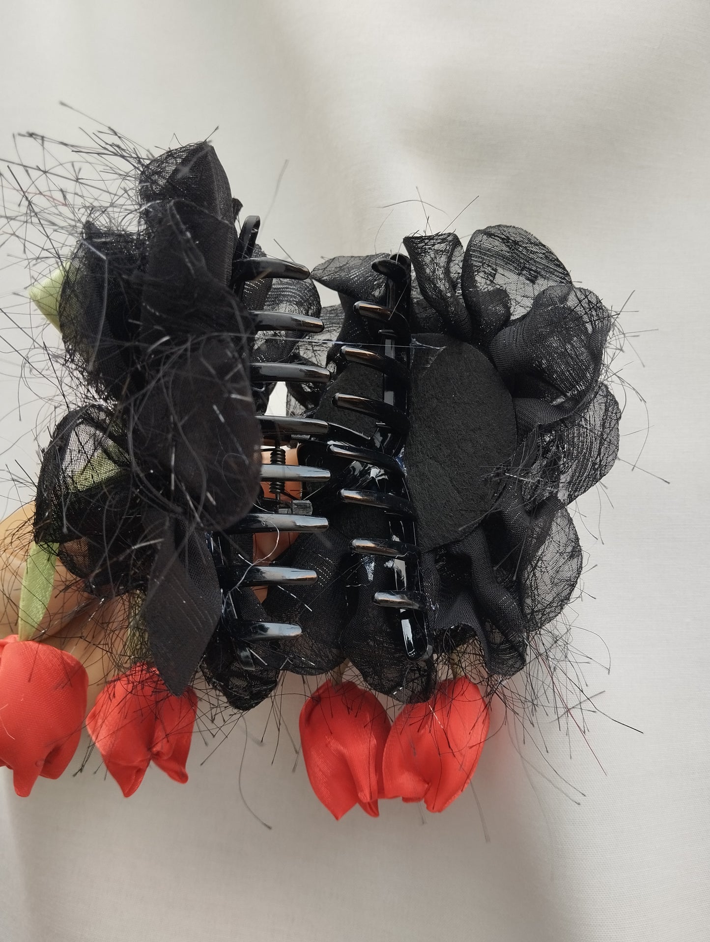 Midnight Tulip Garden Hair Claw Clip with Black Organza Flowers & Red Satin Drops