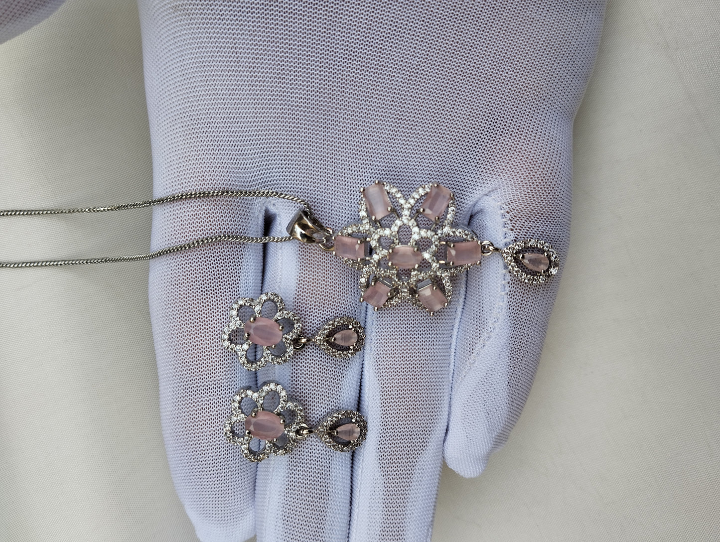 Blush Bloom American Diamond Pendant Set with Earrings