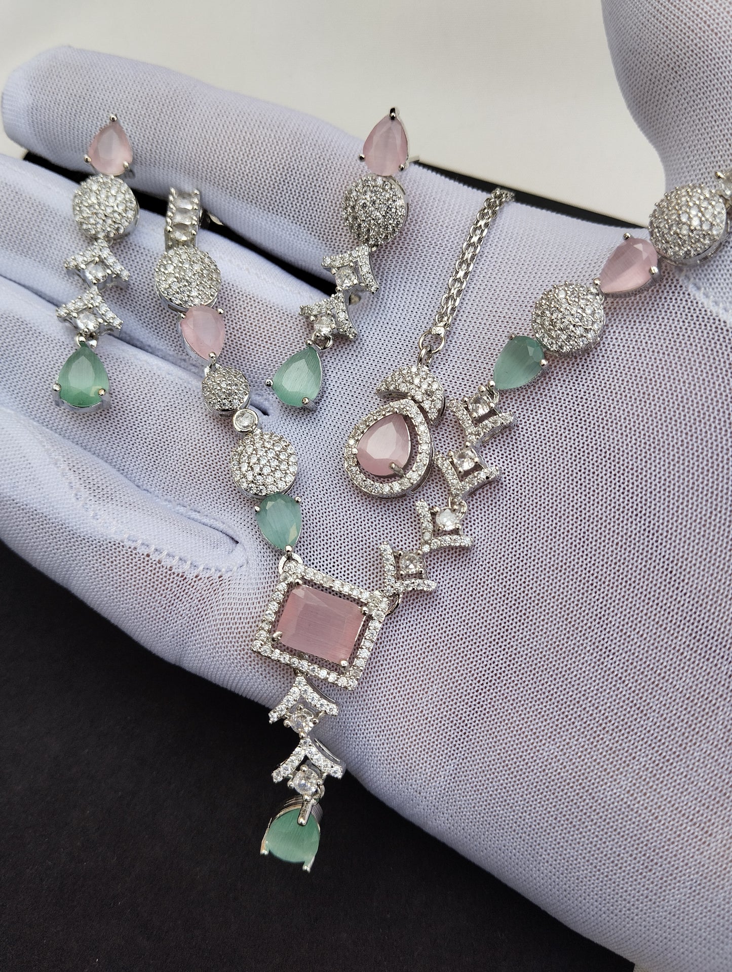 Pink & Mint Designer Necklace Set with Maang Tikka & Earrings