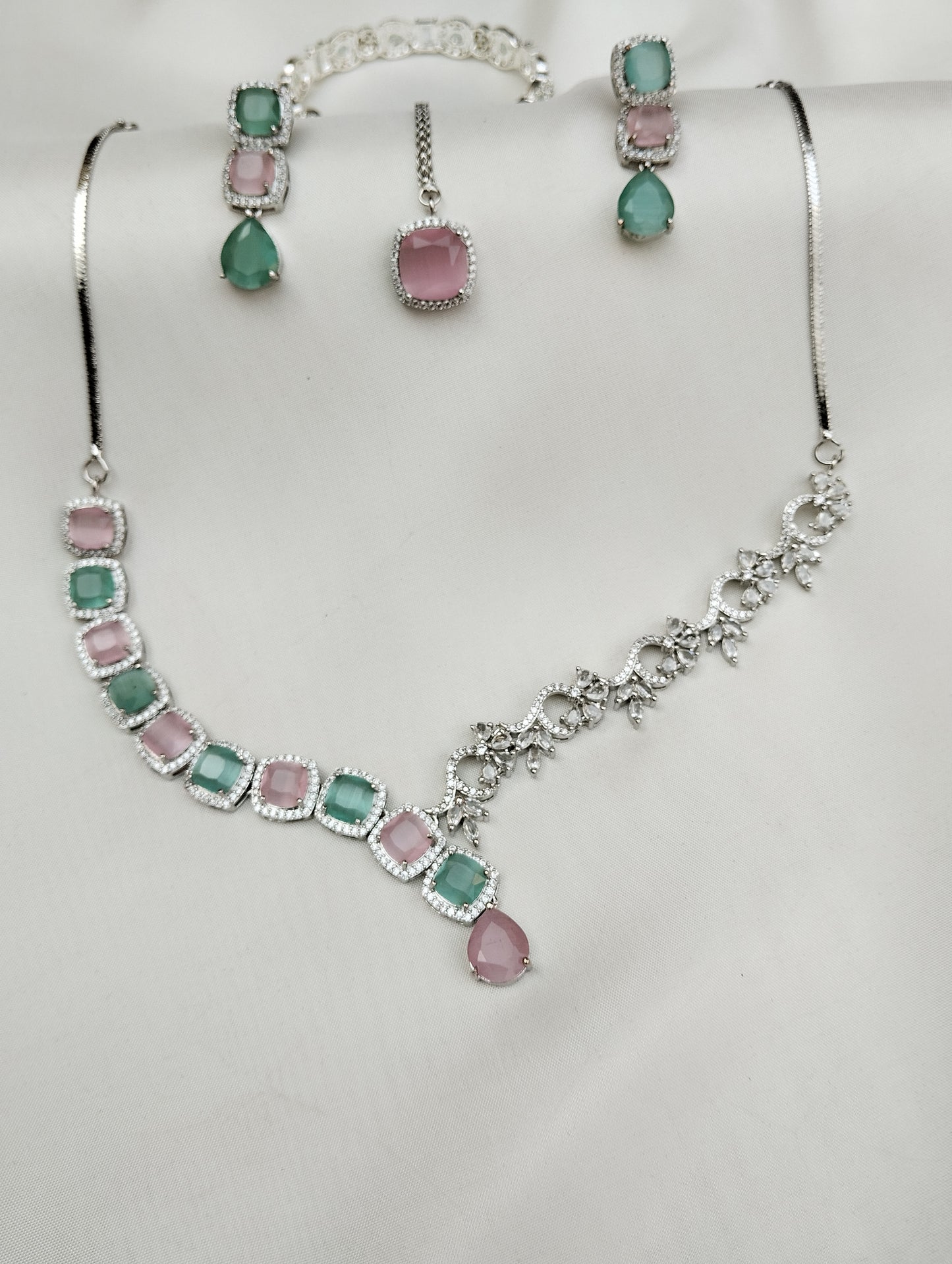 Pink & Mint Green American Diamond Cut Jewelry Set - Necklace Earrings Tikka