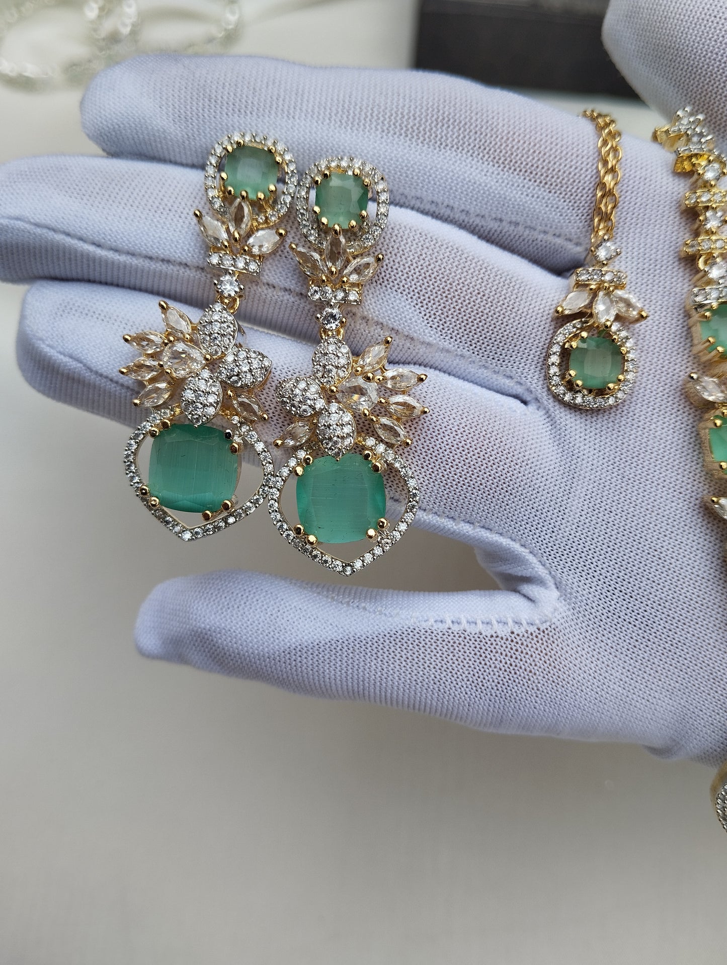 Royal Emerald American Diamond Necklace Set with Maang Tikka