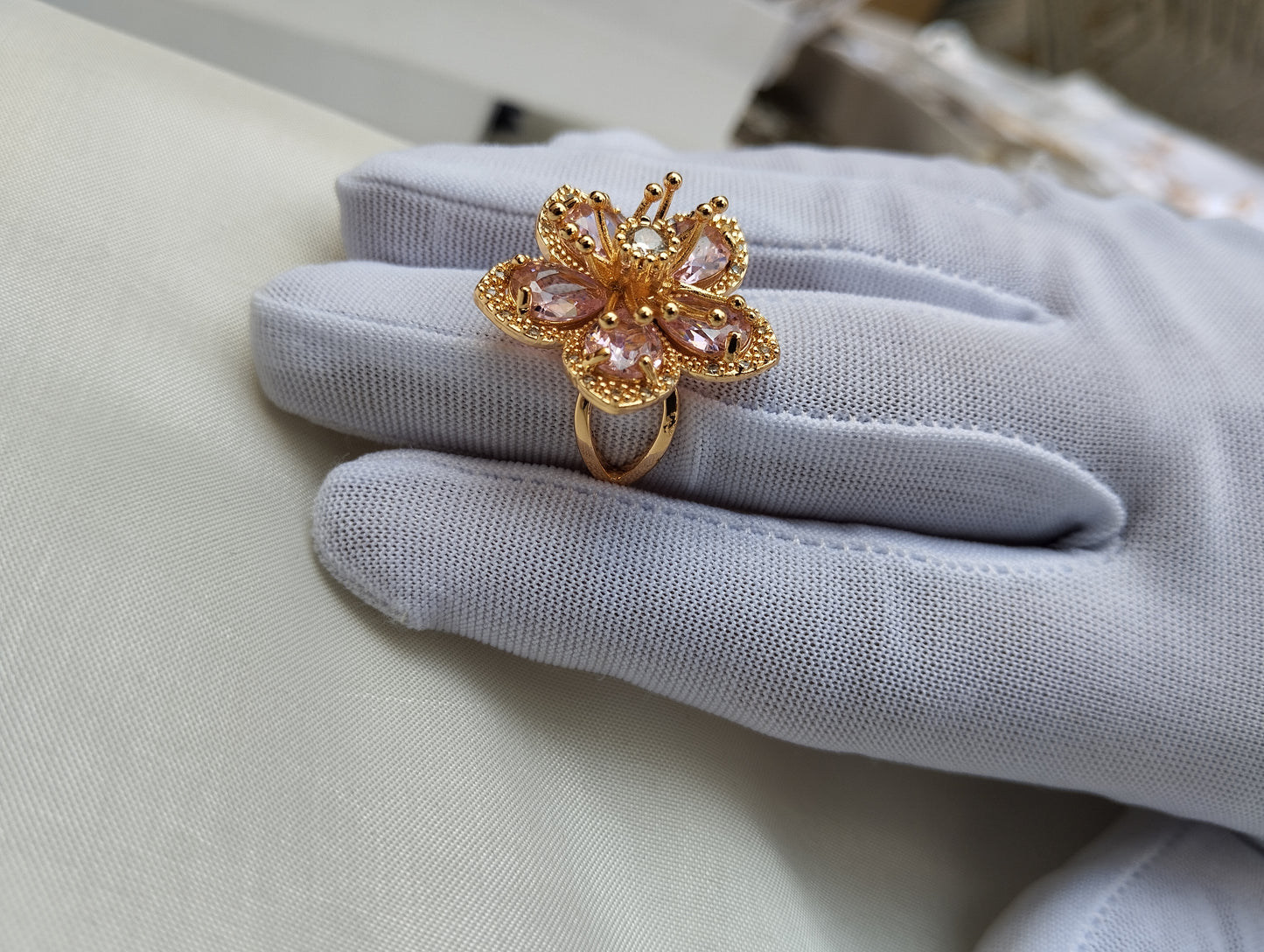 Rose Gold Blush Bloom American Diamond Cocktail Ring with Morganite Pink Stones