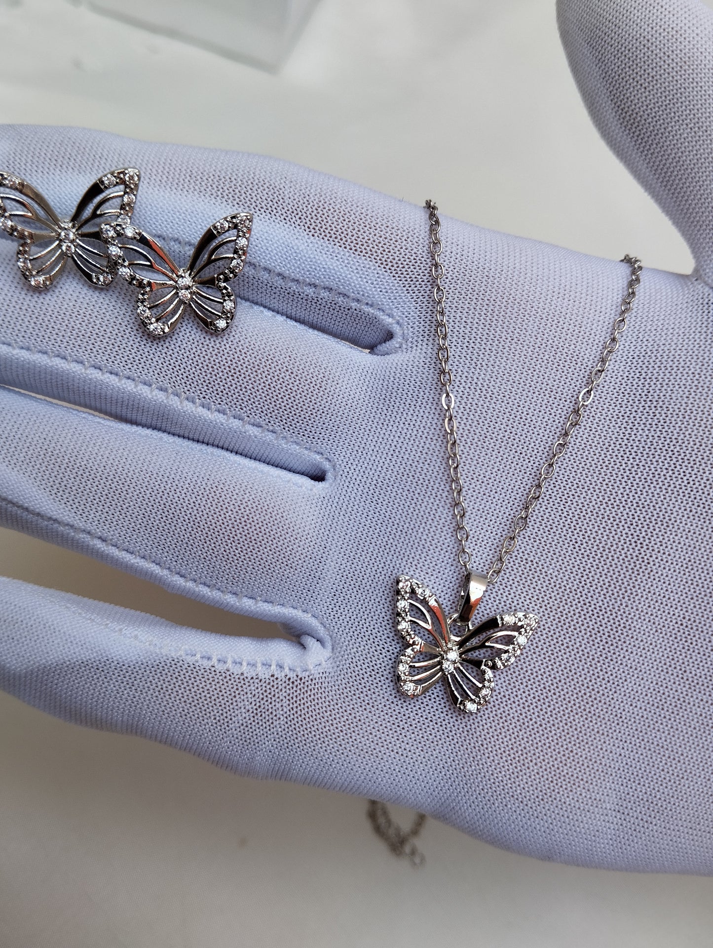 Silver Butterfly Pendant Set with Earrings