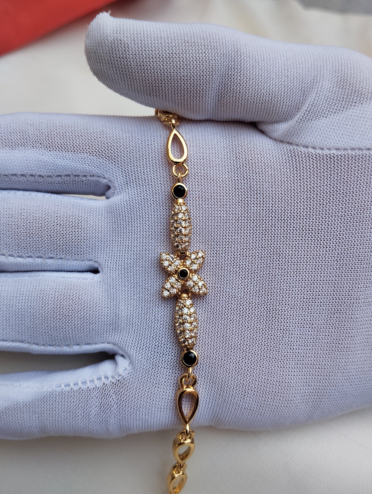 Golden Midnight Bloom American Diamond Flower Bracelet