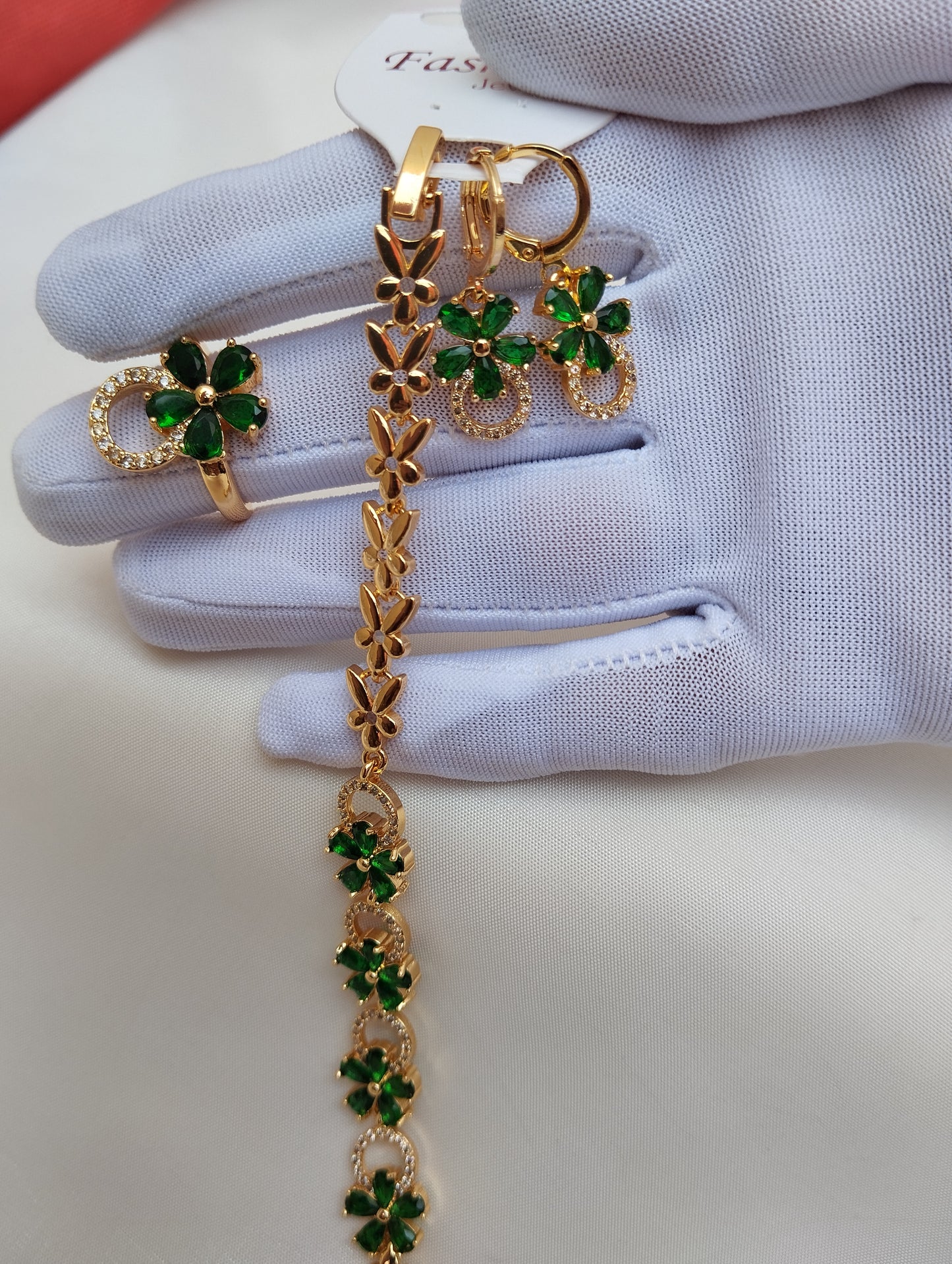 Emerald Garden Gold Plated American Diamond Bracelet Set with Ring & Earrings