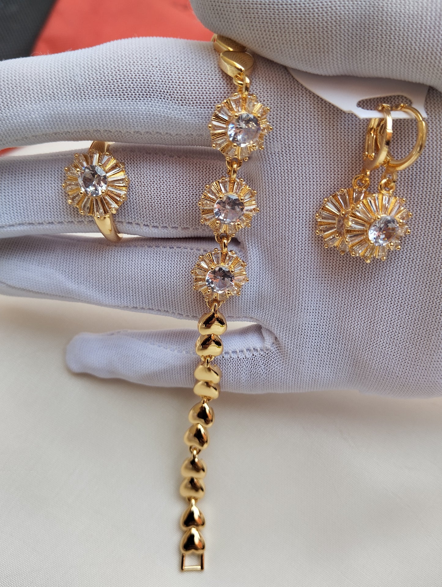 Golden Sunburst American Diamond Bracelet Set with Ring & Earrings