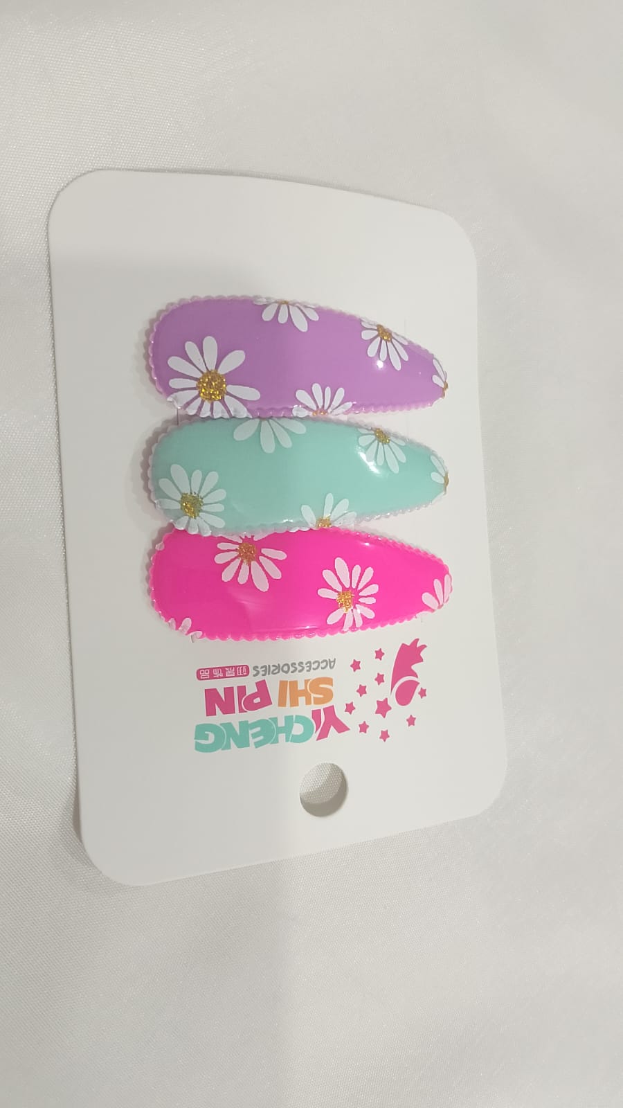 : Daisy Print Snap Hair Clips – Pastel Glossy Set | 3 Pcs
