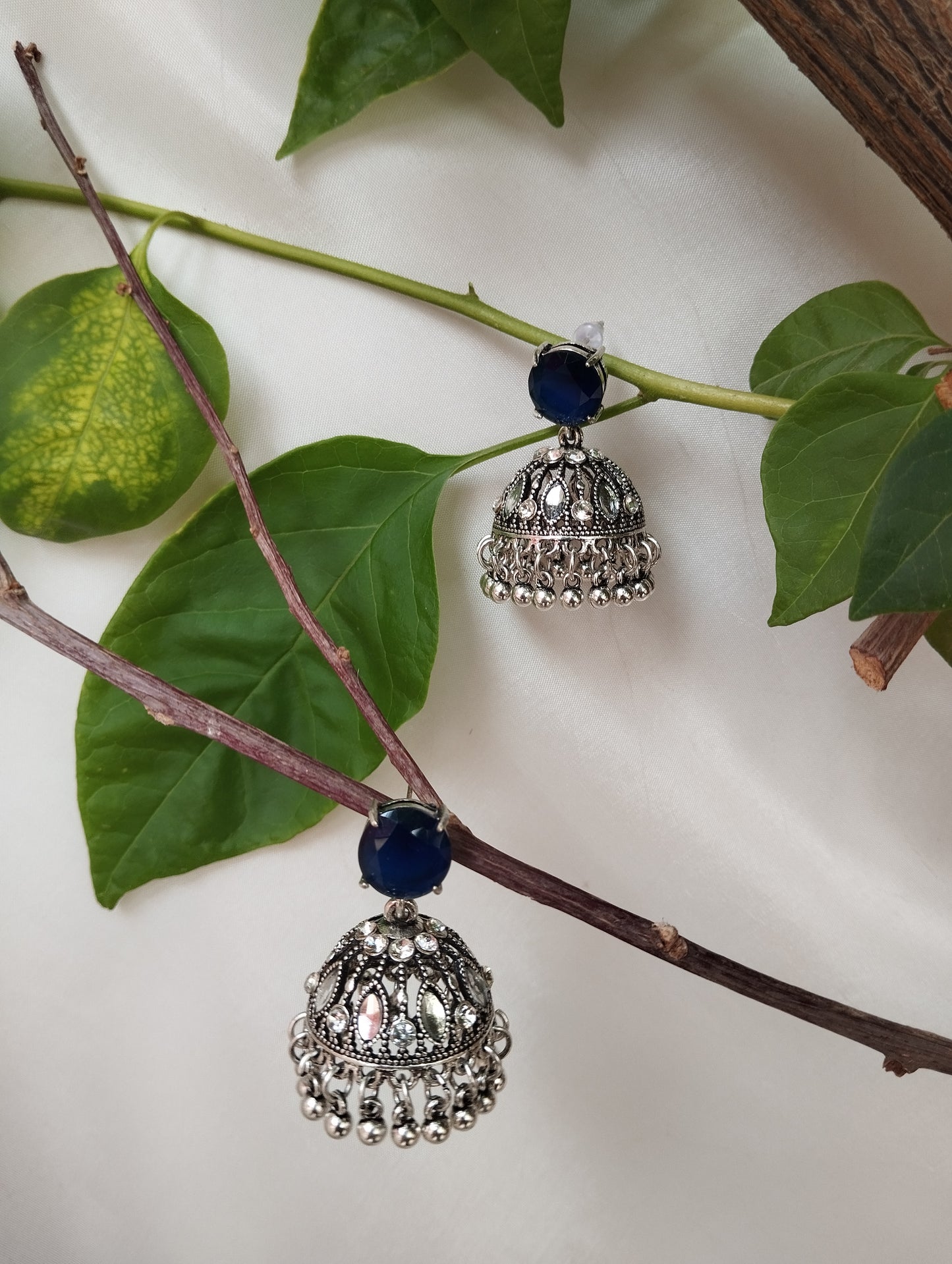 Elegant & Regal Navy Blue Stone Oxidized Jhumka Earrings