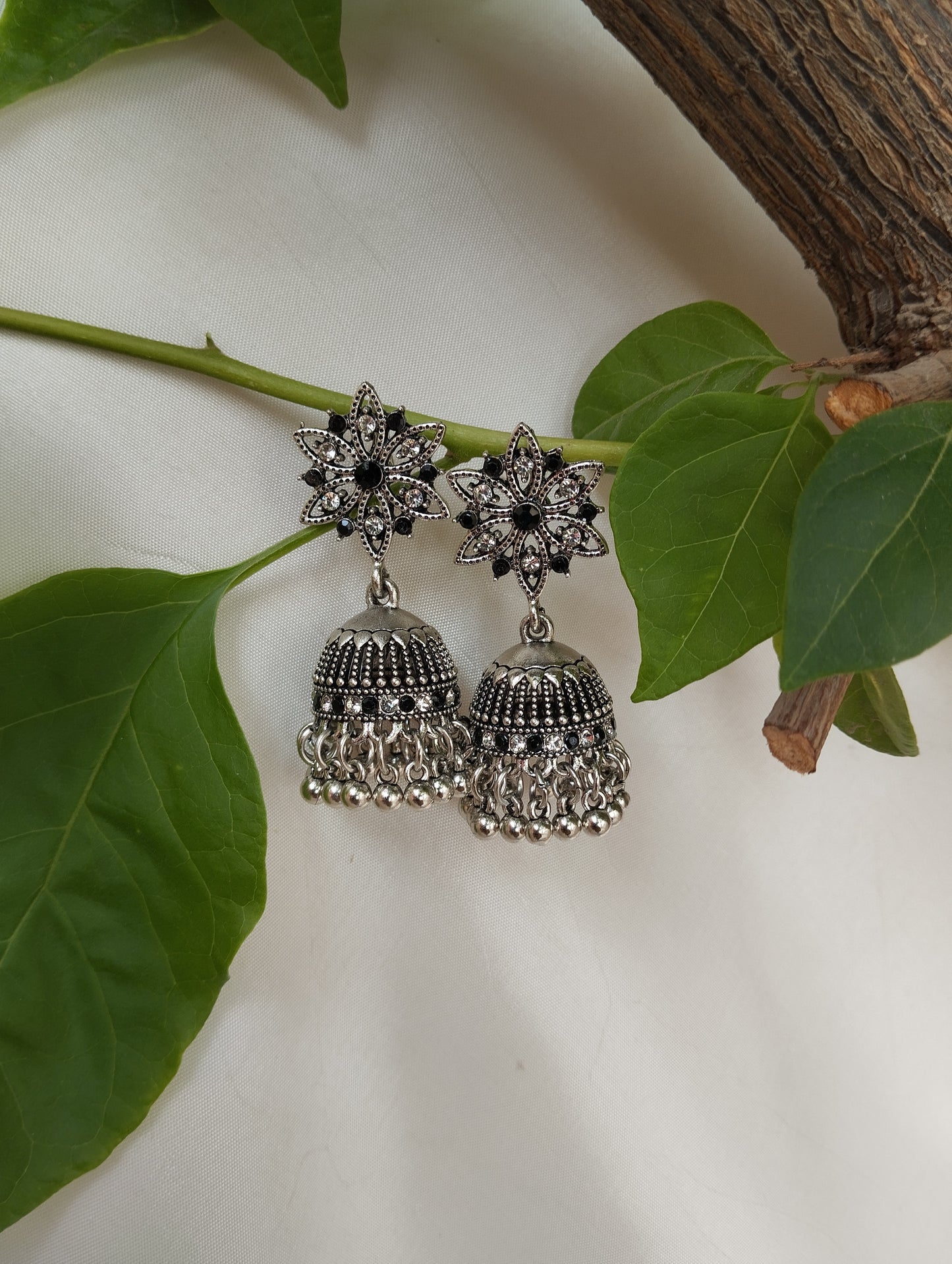 Black & White Stone Oxidized Silver Jhumka Earrings