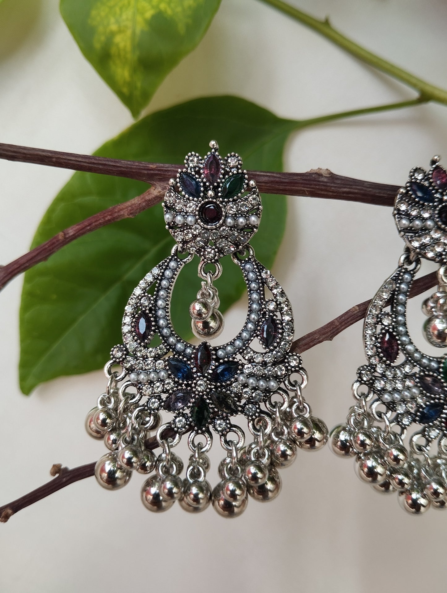 Multi-Stone Oxidized Silver Chandbali Earrings