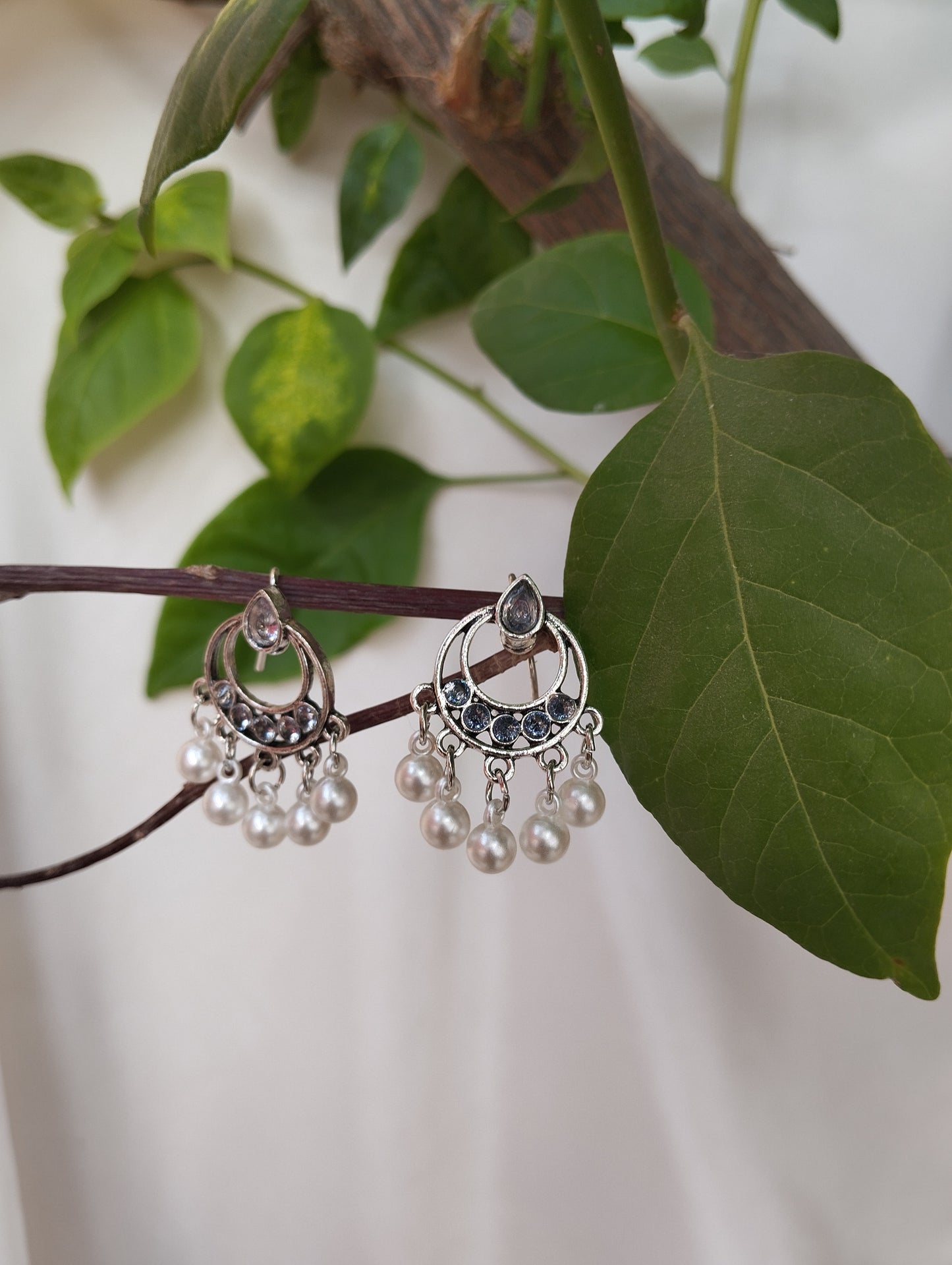 Delicate & Minimal Oxidized Silver Pearl Drop Chandbali Studs