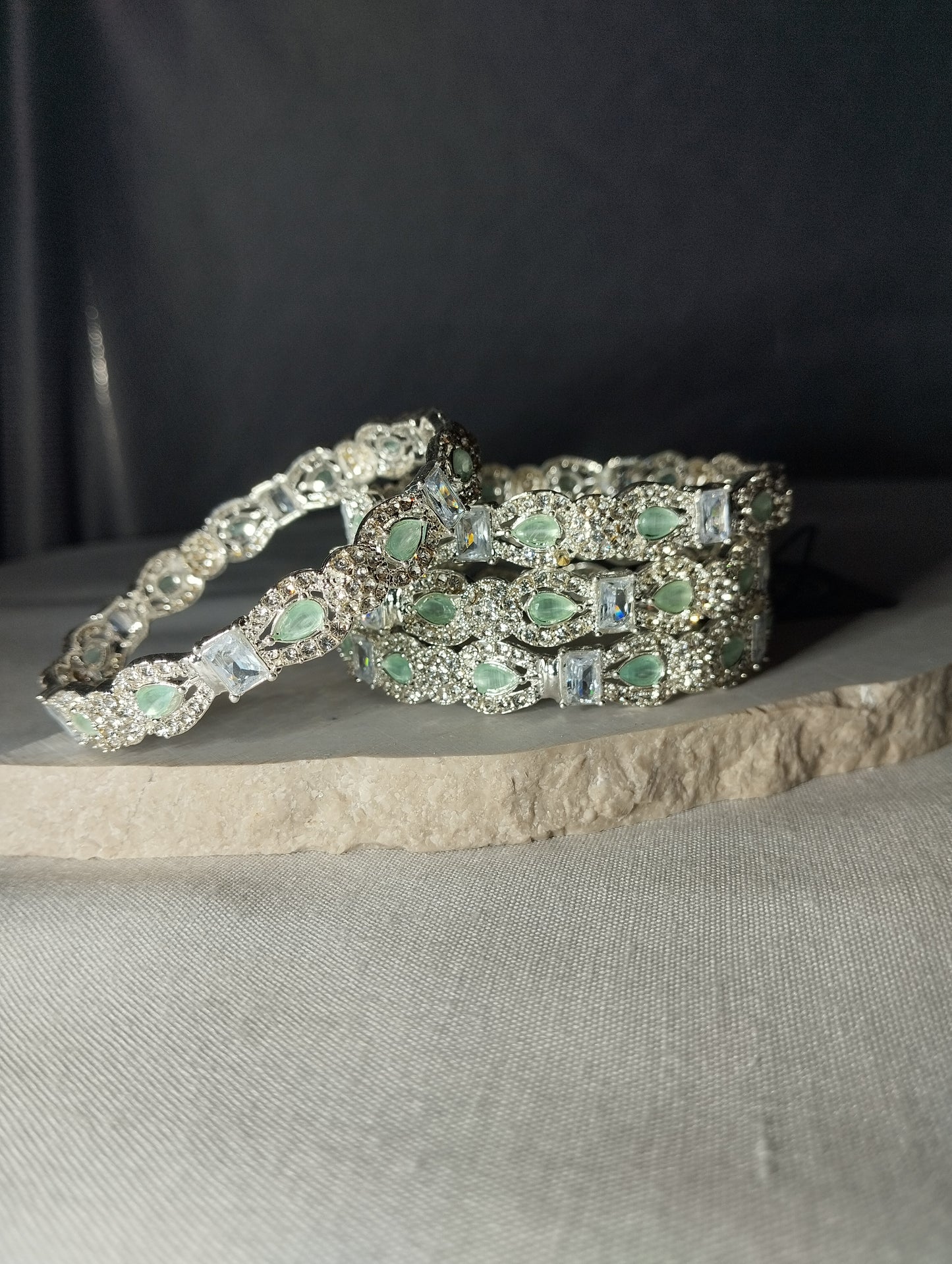 Mint Green Premium Bangles - Silver Wave Kada Set of 4