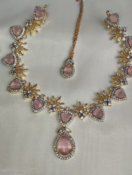 Baby Pink Bridal Set - Necklace & Tikka with Cats-Eye Stones