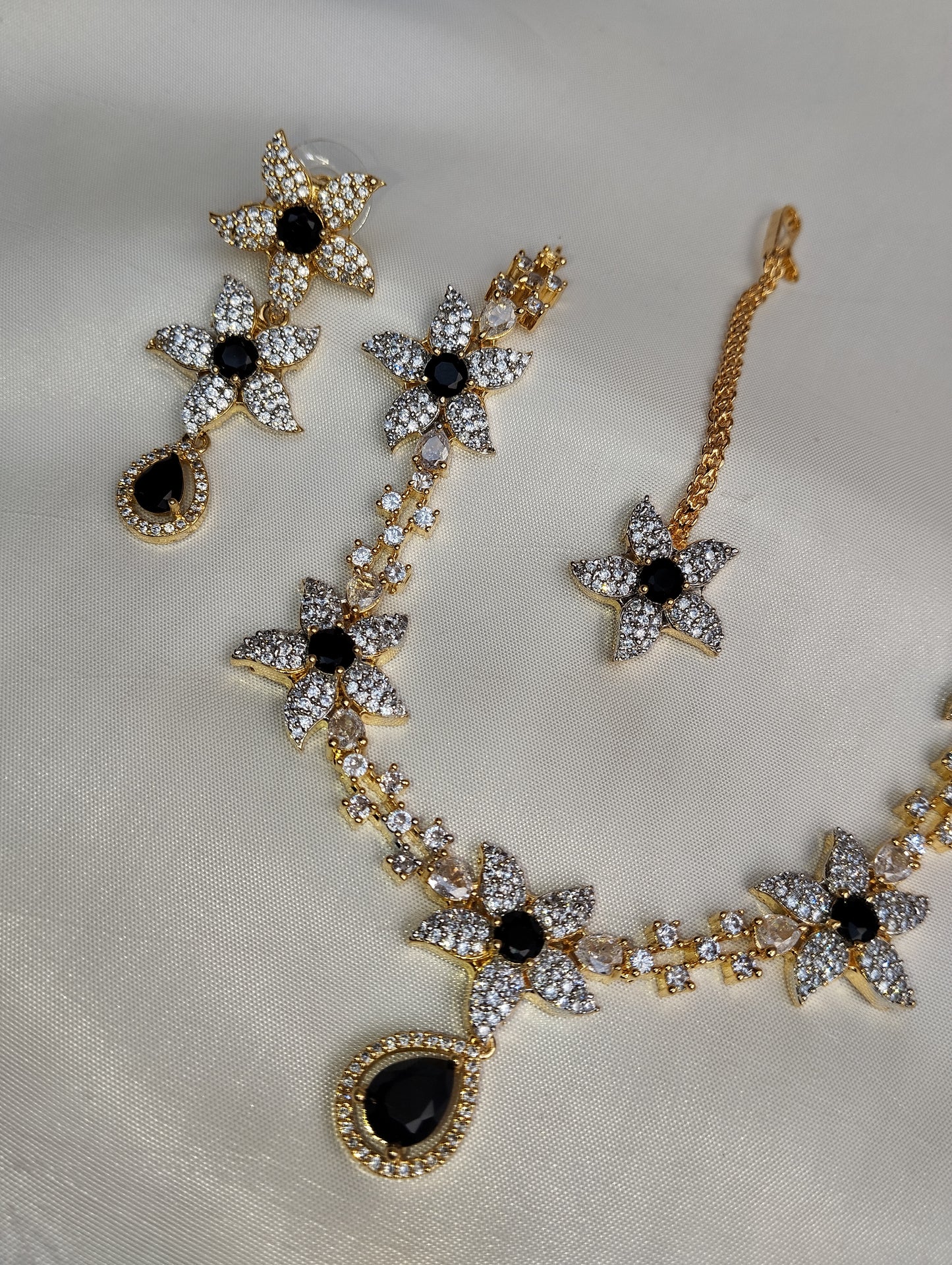 Black Floral Necklace Set - Bridal Jewelry with Earrings & Tikka