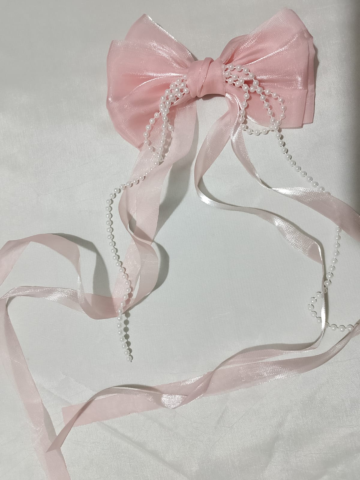 Pink Organza Bow Hair Clip with Pearl Chains