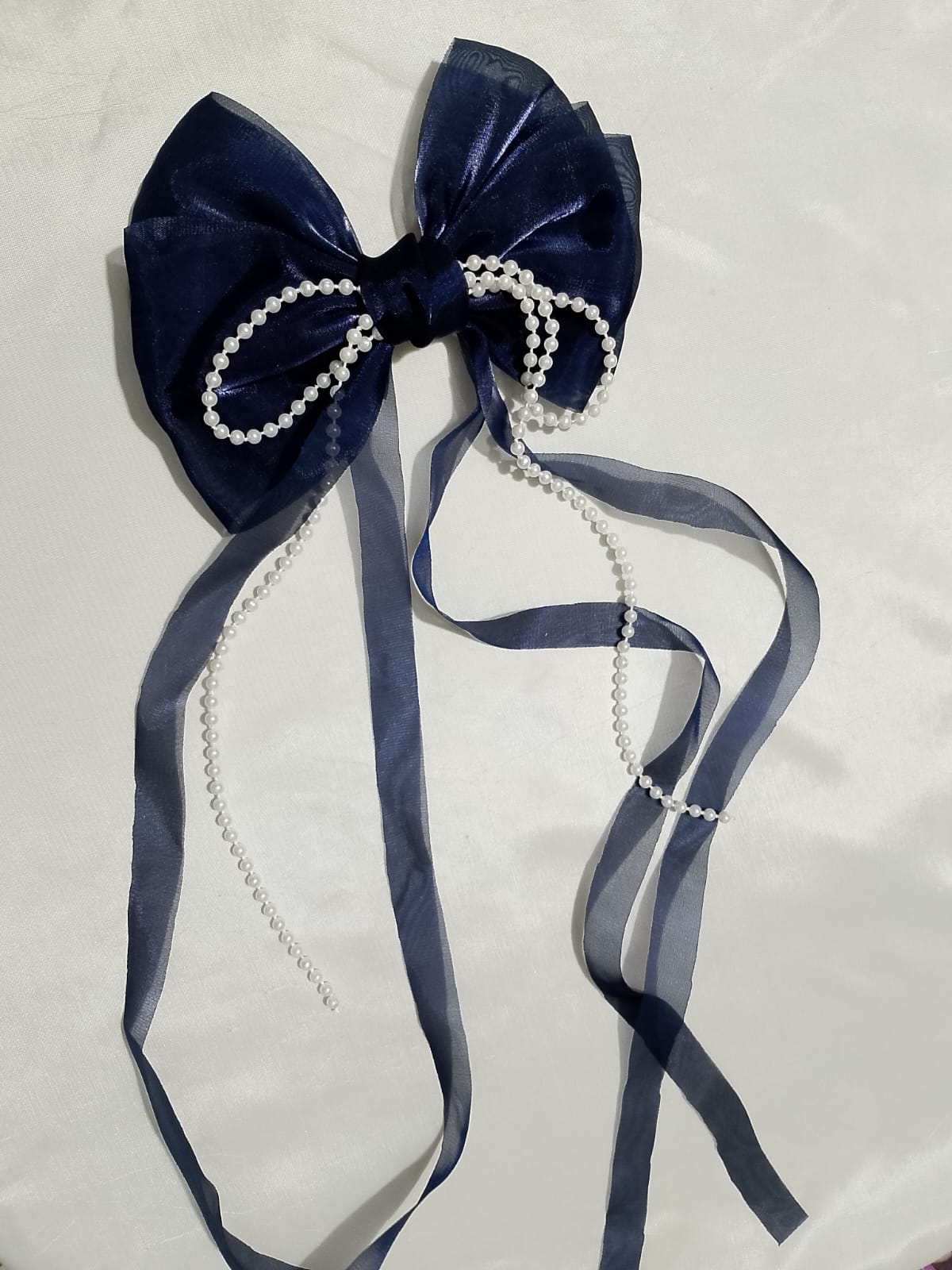 Navy Blue Organza Bow Hair Clip with Pearl Tassels