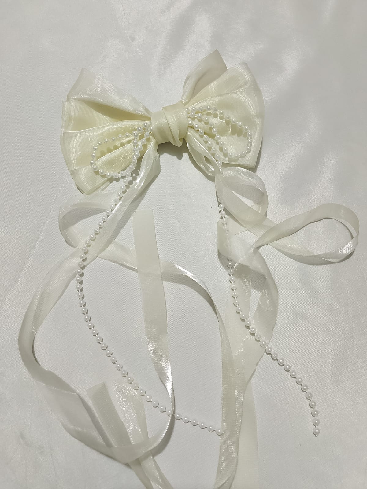 Ivory Organza Bow Hair Clip with Pearl Tassels