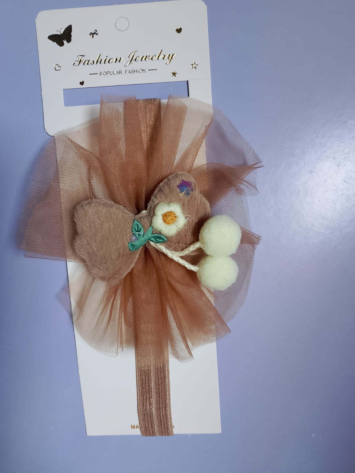 Brown Tulle Baby Headband with Plush Cherry & Flower