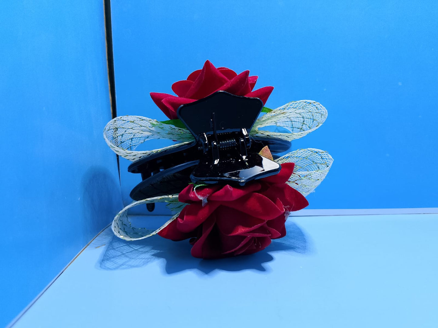 Red Rose Floral Hair Claw Clip with Golden Net