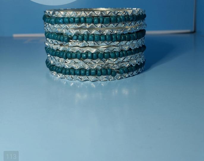 Teal & Silver Beaded Bangle Set – Traditional Stack