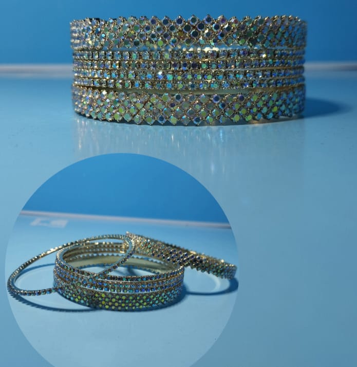 Rainbow Aurora Crystal Bangle Set – Gold Tone Party Stack