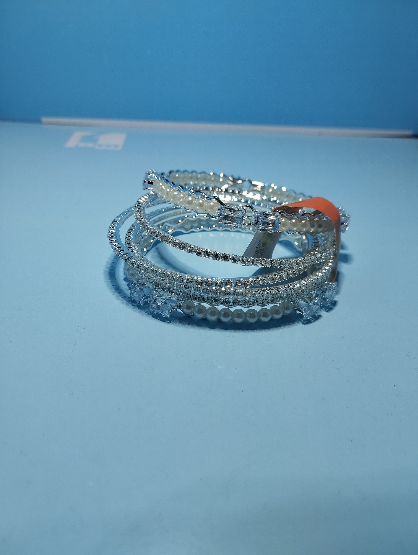 Crystal & Pearl Luxury Bangle Set – Bridal Silver Stack