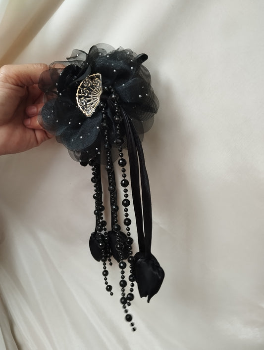 Hair Claw Clip with Black Organza Flowers & Crystal Tassels