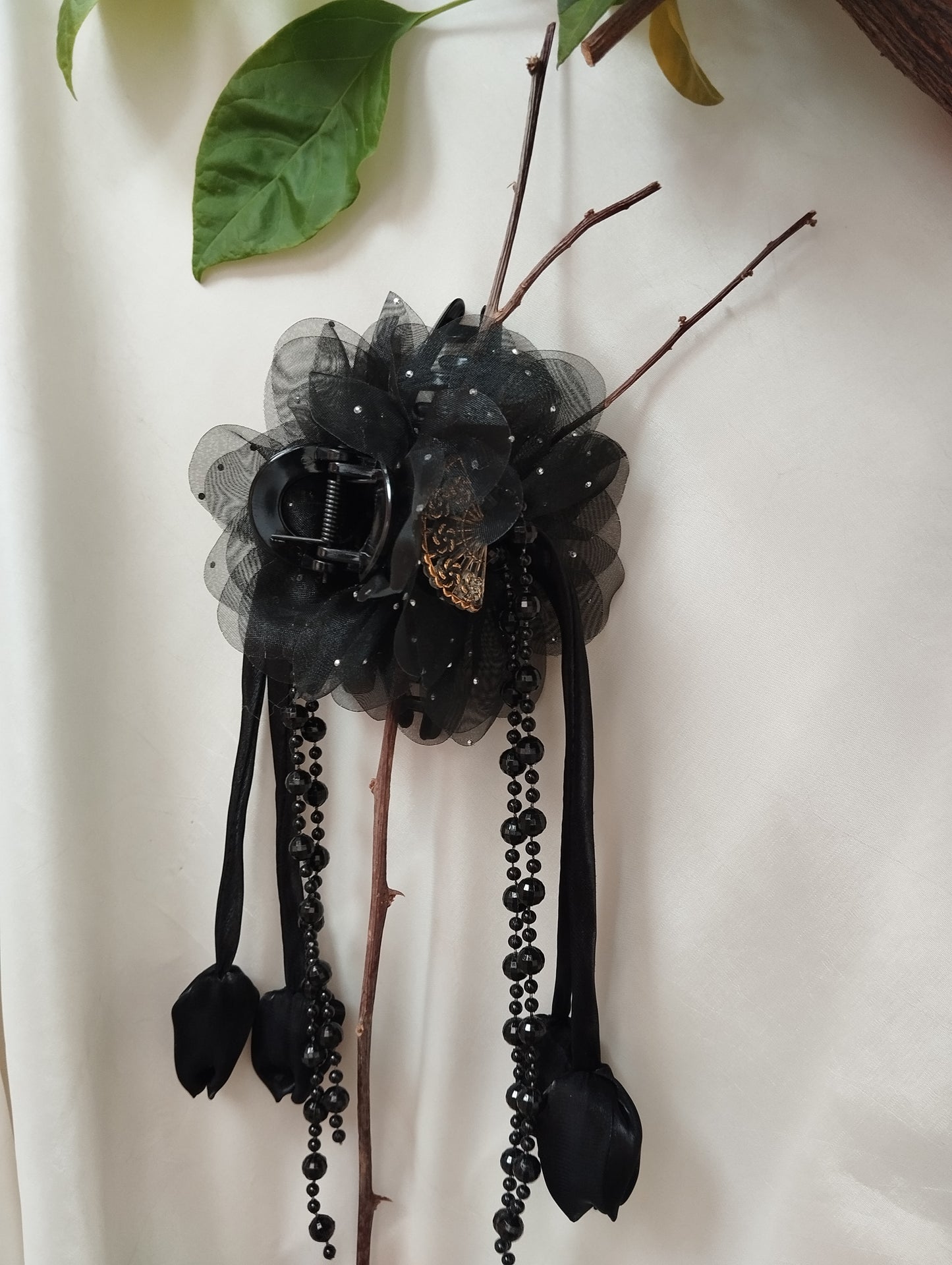 Hair Claw Clip with Black Organza Flowers & Crystal Tassels