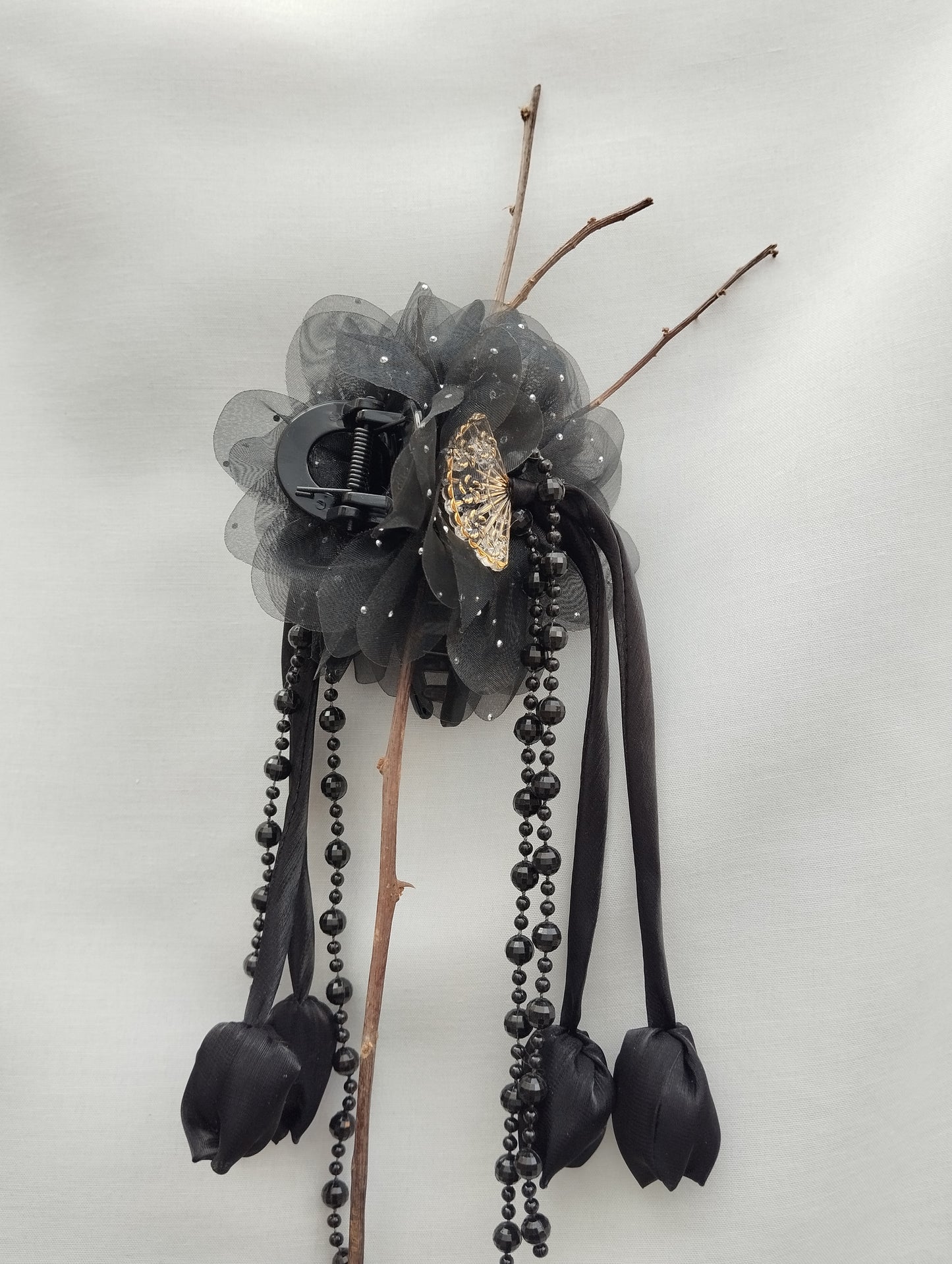 Hair Claw Clip with Black Organza Flowers & Crystal Tassels