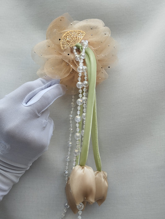 Hair Claw Clip with Organza Flowers & Pearl Tassels