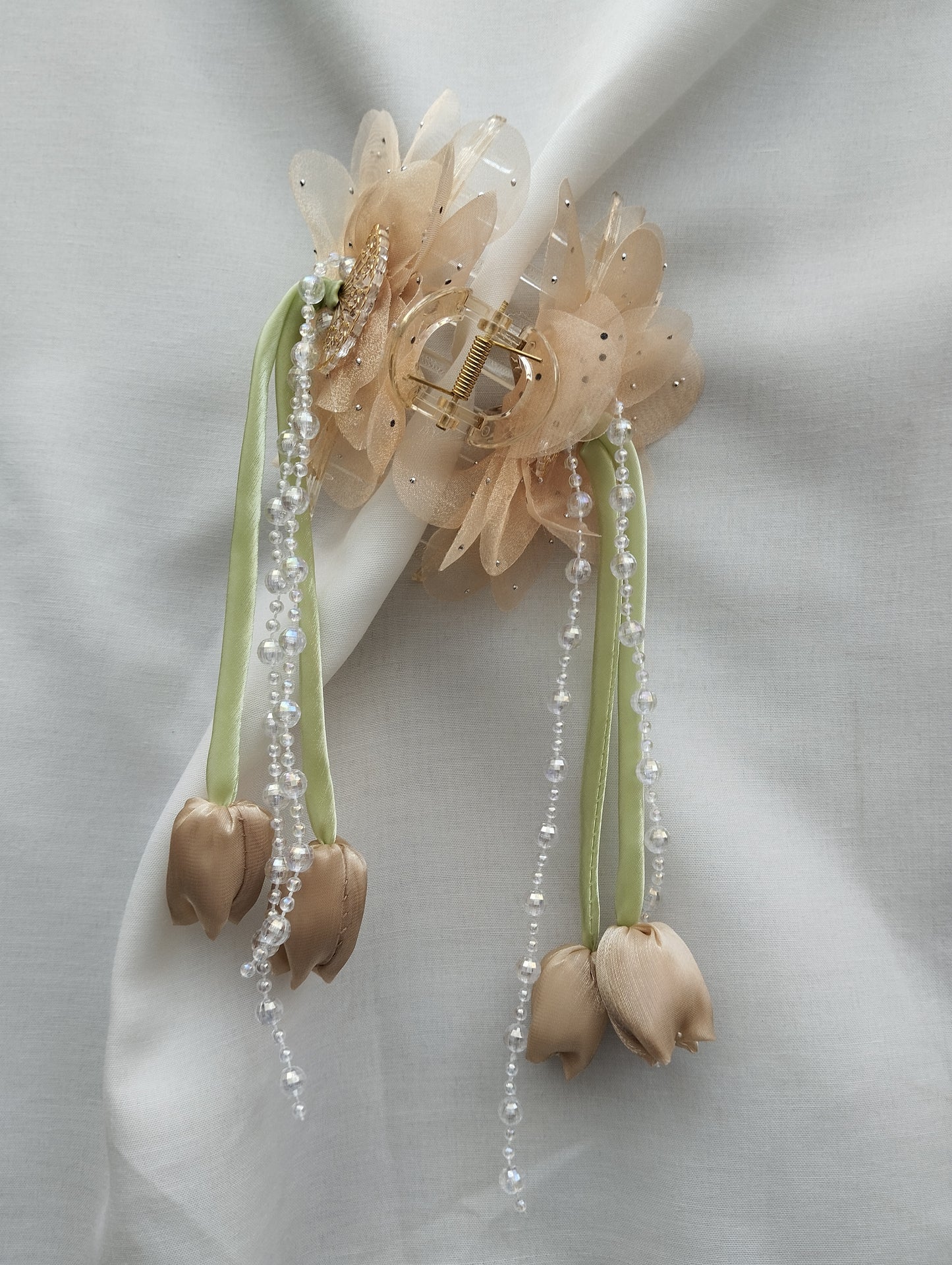 Hair Claw Clip with Organza Flowers & Pearl Tassels