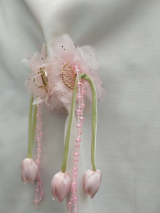 Blush Tulip Garden Hair Claw Clip with Pink Organza Flowers & Pearl Tassels