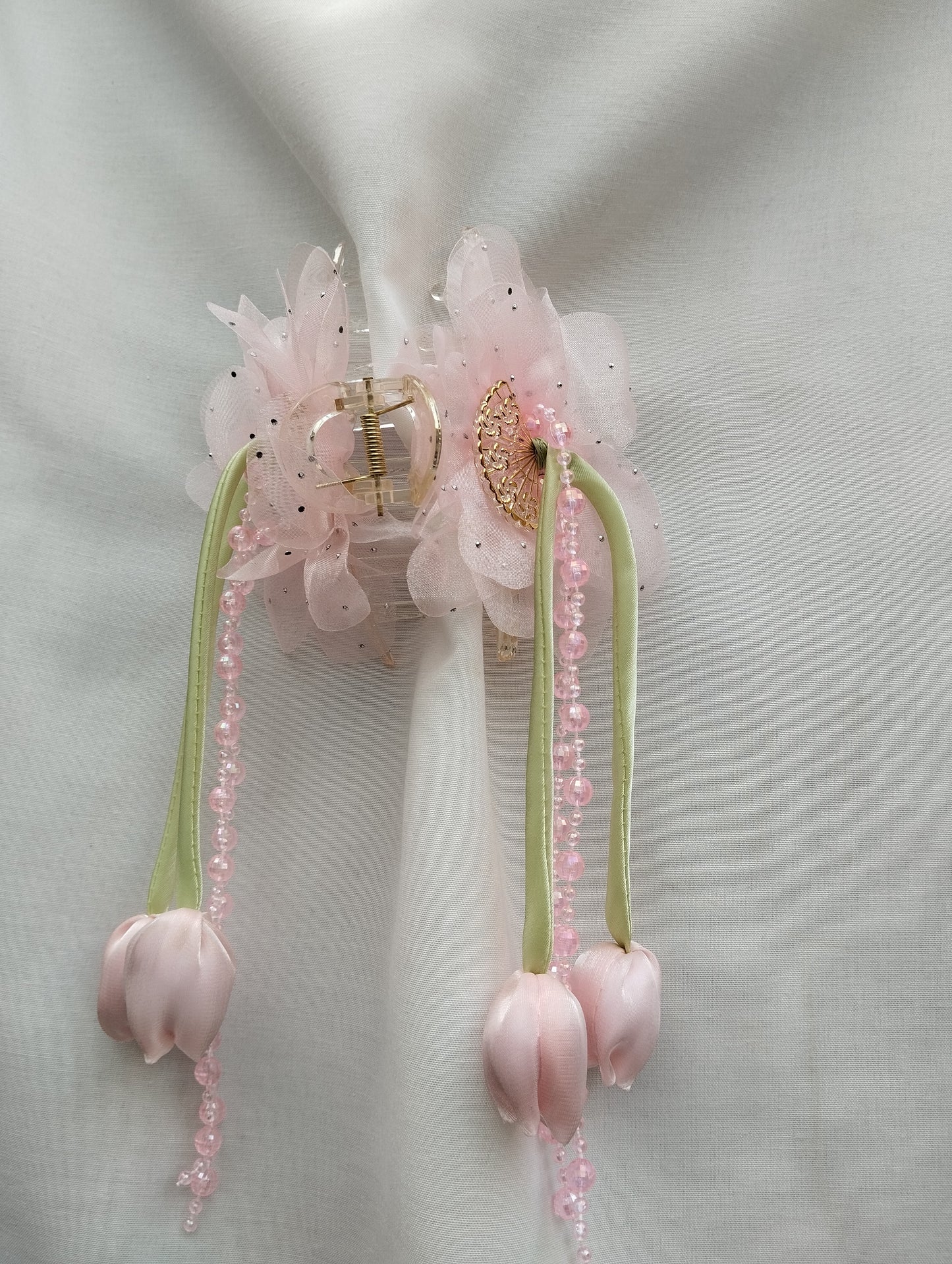 Blush Tulip Garden Hair Claw Clip with Pink Organza Flowers & Pearl Tassels