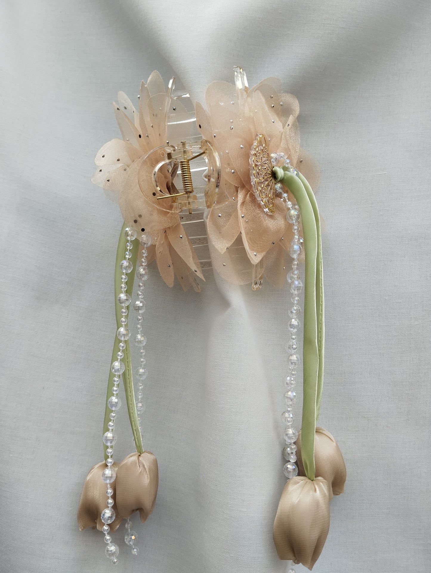 Hair Claw Clip with Organza Flowers & Pearl Tassels