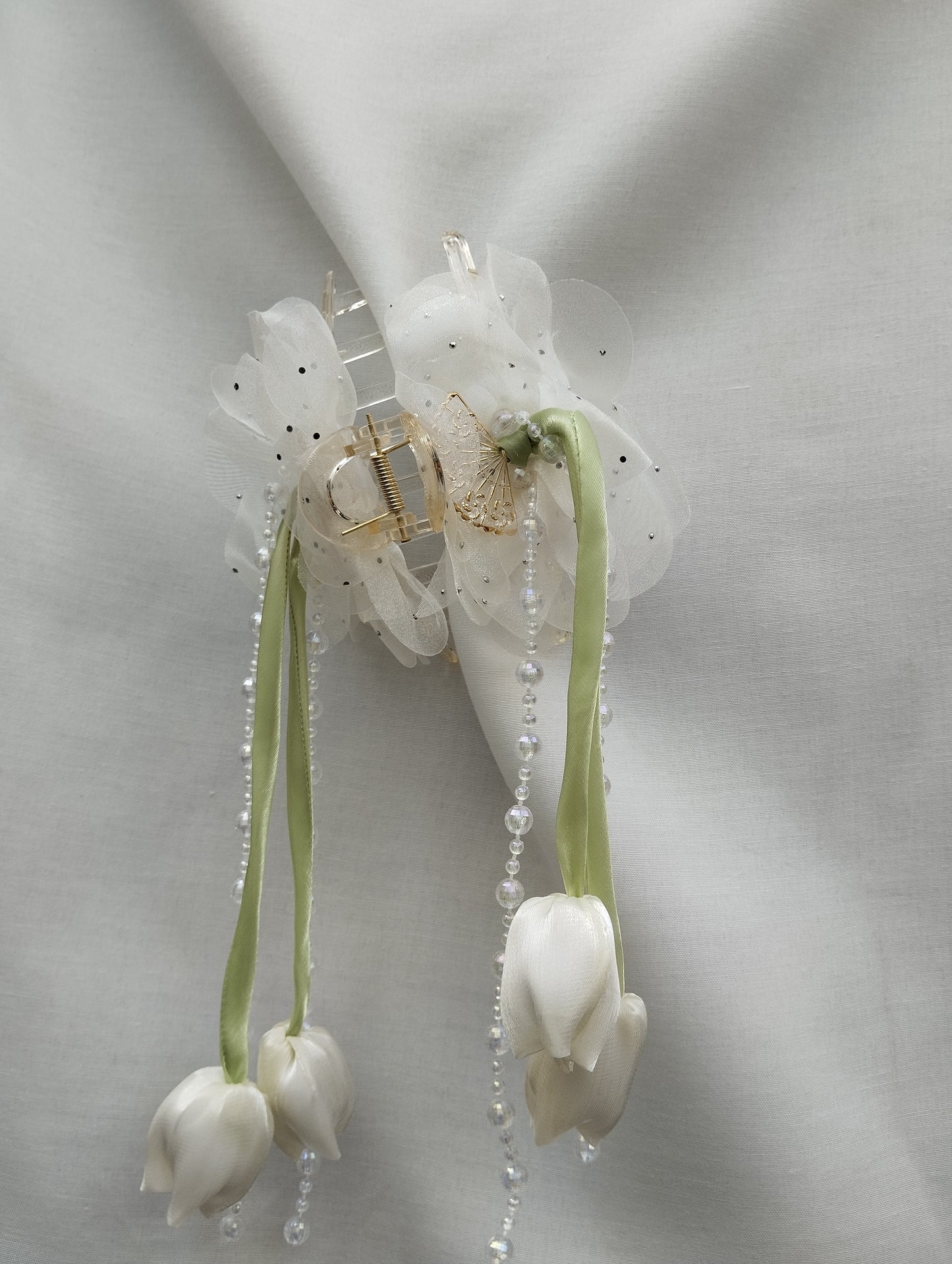Hair Claw Clip with White Organza Flowers & Crystal Tassels