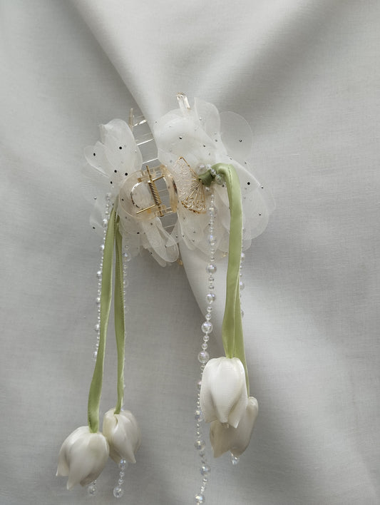 Hair Claw Clip with White Organza Flowers & Crystal Tassels