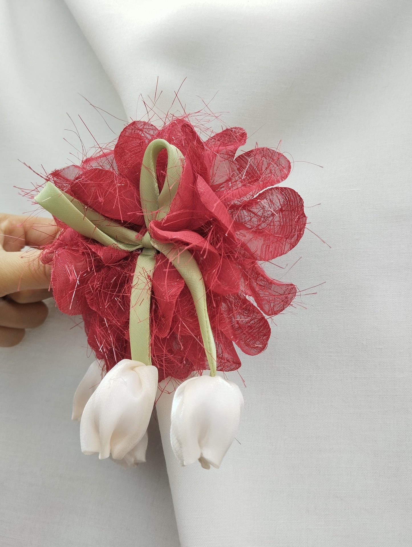 Large Red Organza Flower Hair Claw Clip for Women with White Satin Tulips