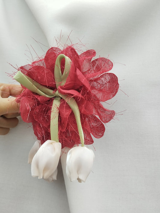 Large Red Organza Flower Hair Claw Clip for Women with White Satin Tulips