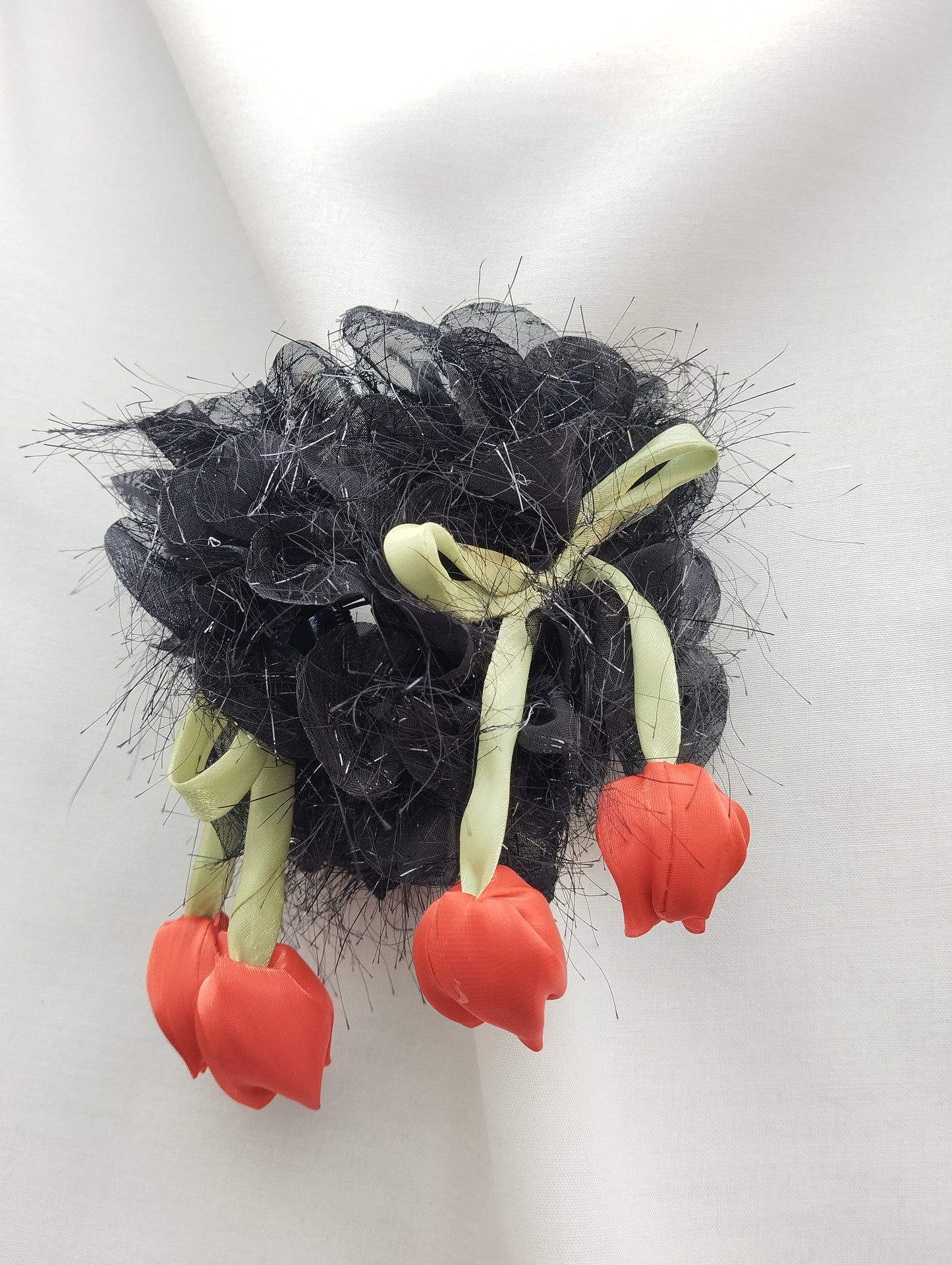 Midnight Tulip Garden Hair Claw Clip with Black Organza Flowers & Red Satin Drops
