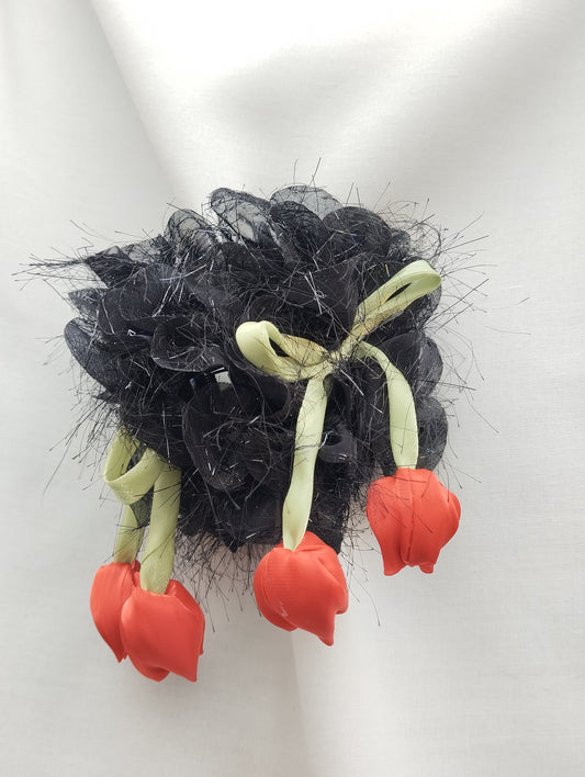 Midnight Tulip Garden Hair Claw Clip with Black Organza Flowers & Red Satin Drops