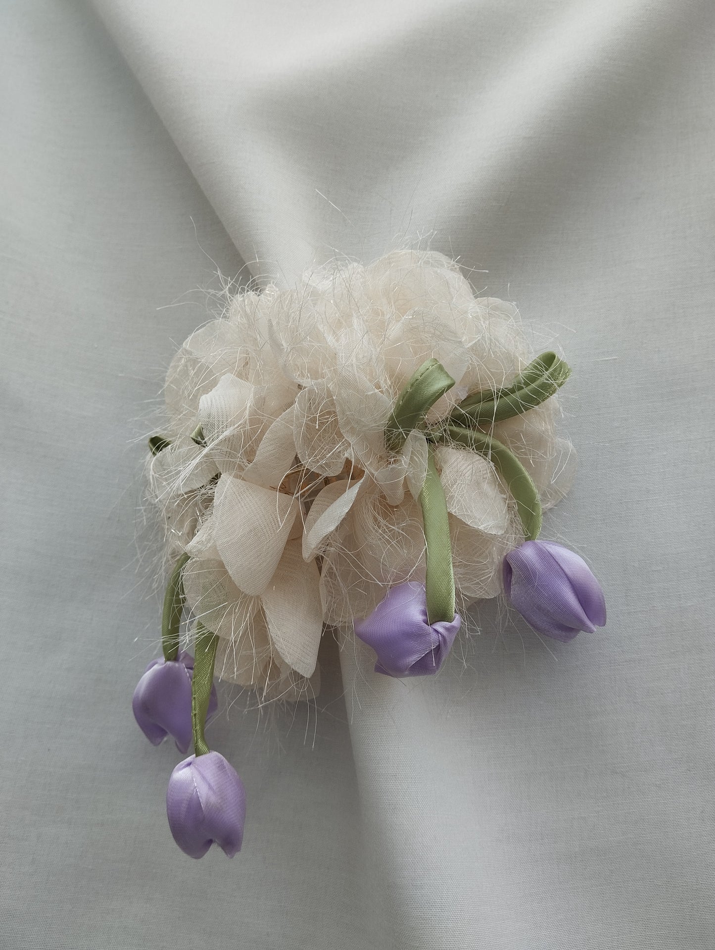 Ivory Garden Hair Claw Clip with White Organza Flowers & Purple Satin Tulip Drops
