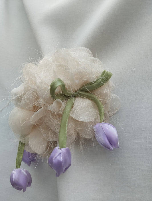 Ivory Garden Hair Claw Clip with White Organza Flowers & Purple Satin Tulip Drops