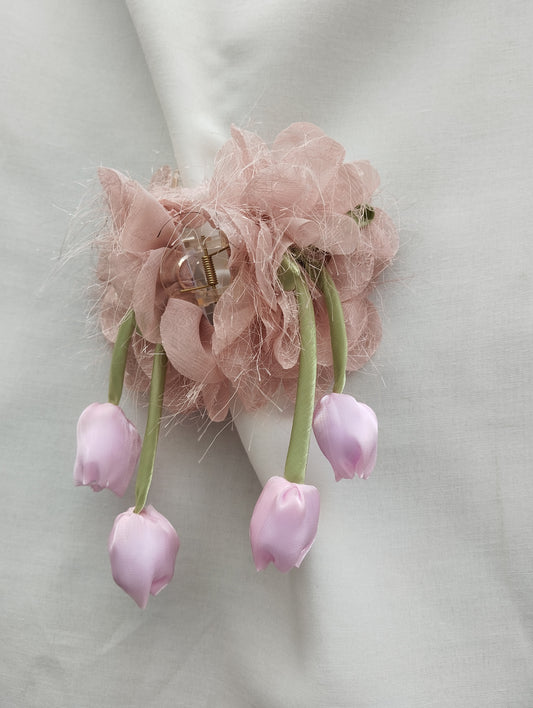 Dusty Rose Tulip Garden Hair Claw Clip with Mauve Organza Flowers & Lilac Drops
