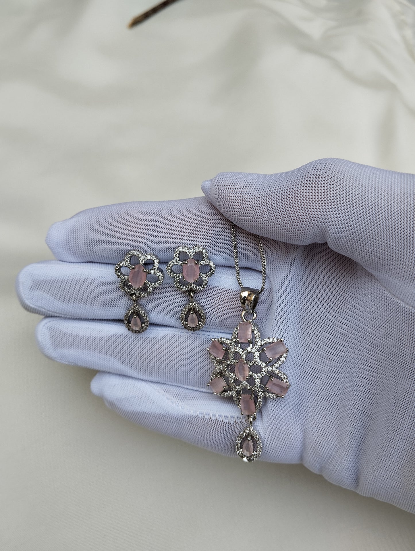 Blush Bloom American Diamond Pendant Set with Earrings