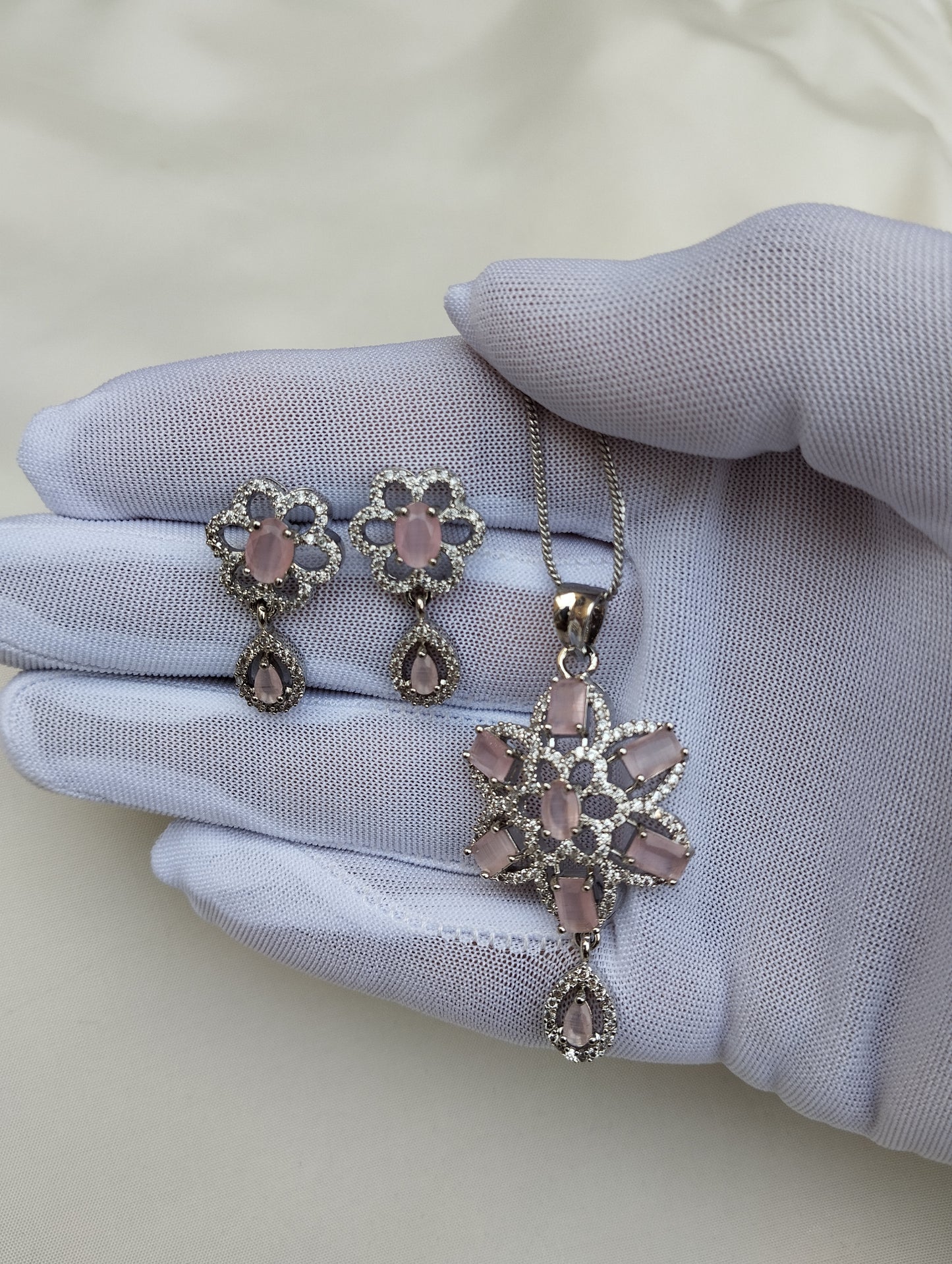 Blush Bloom American Diamond Pendant Set with Earrings