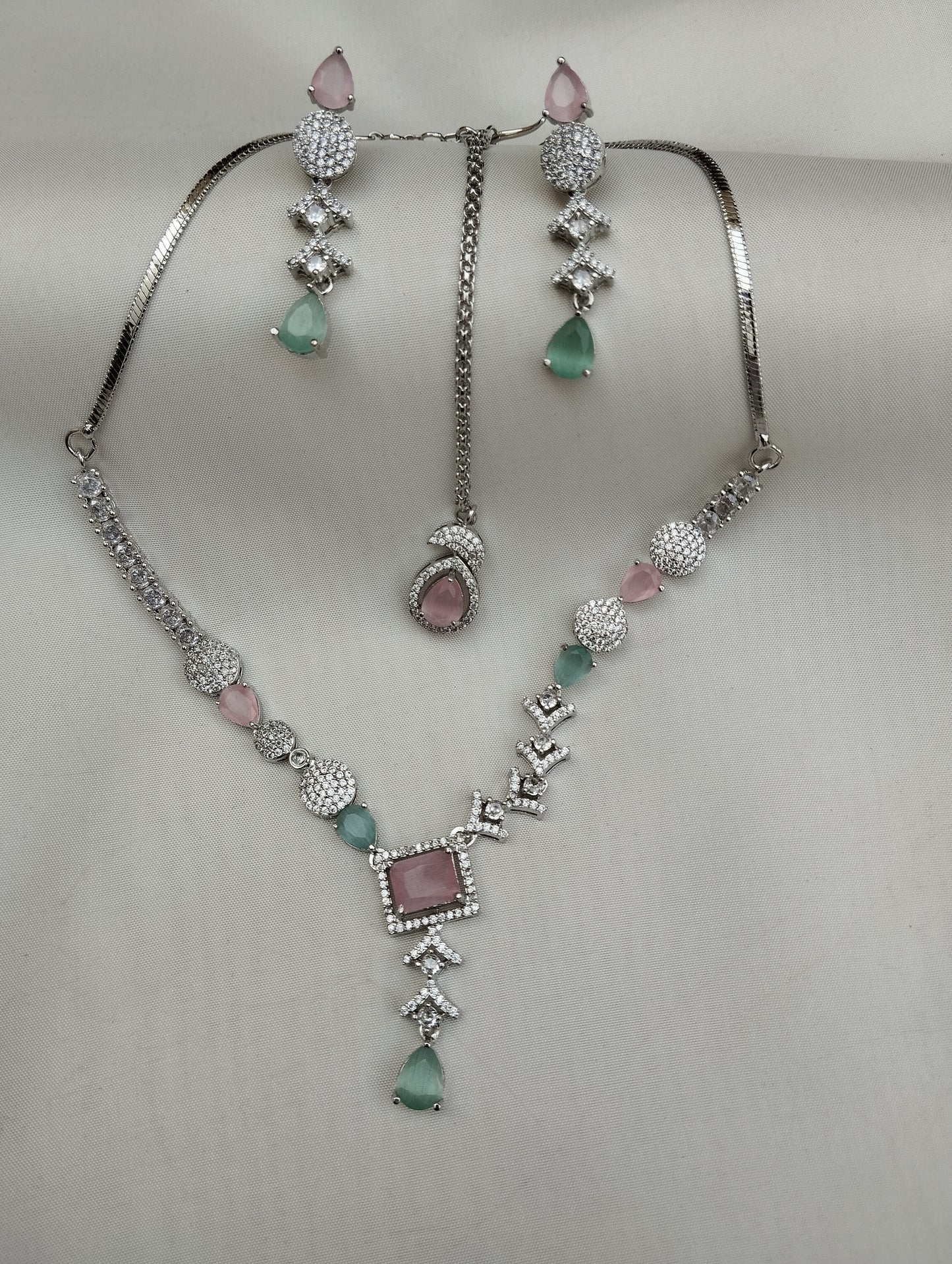 Pink & Mint Designer Necklace Set with Maang Tikka & Earrings