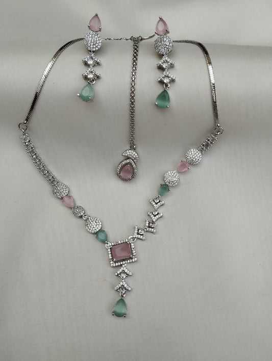 Pink & Mint Designer Necklace Set with Maang Tikka & Earrings