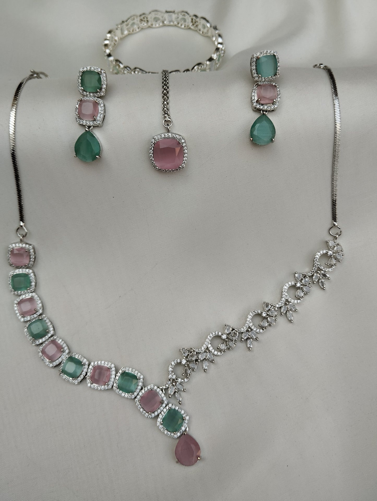 Pink & Mint Green American Diamond Cut Jewelry Set - Necklace Earrings Tikka